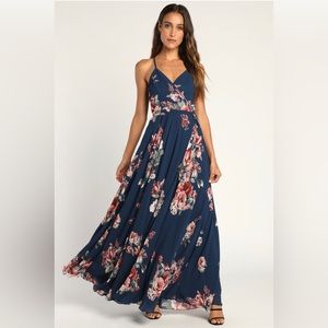 Lulus Elegantly Inclined Navy Blue Floral Print Wrap Maxi Dress